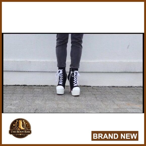 Platform Ankle Boots Stiletto Heel Lace-Up Canvas Booties Side Zipper - Picture 7 of 7